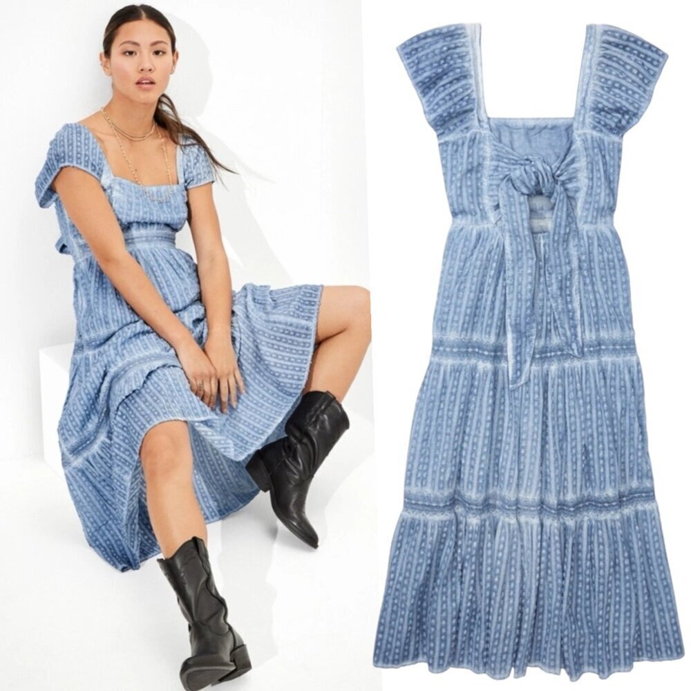 American Eagle Embroidered Tie Back Tiered Midi Dress Blue XS